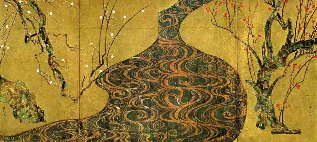 Ogata Kōrin - 紙本金地著色紅白梅図 - Red and White Plum Blossoms (c. 1715)