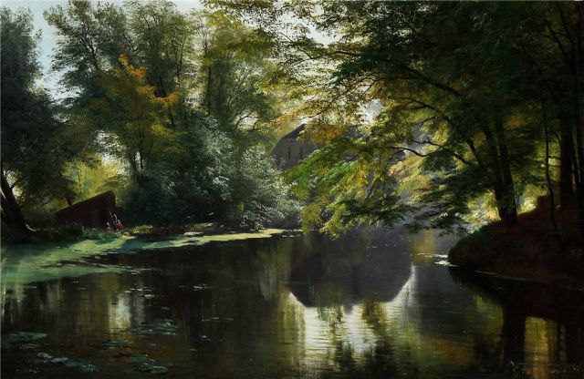Carl Frederik Aagaard - View of a Forest Lake with an Angler and His Family (1880)