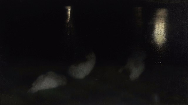 Józef Pankiewicz - Nocturne - Swans in the Saxon Garden in Warsaw by Night (1894)